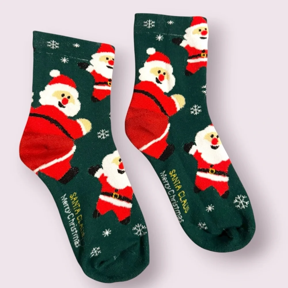 Christmas Santa Print Crew Socks Green Holiday Crew Socks Size OS